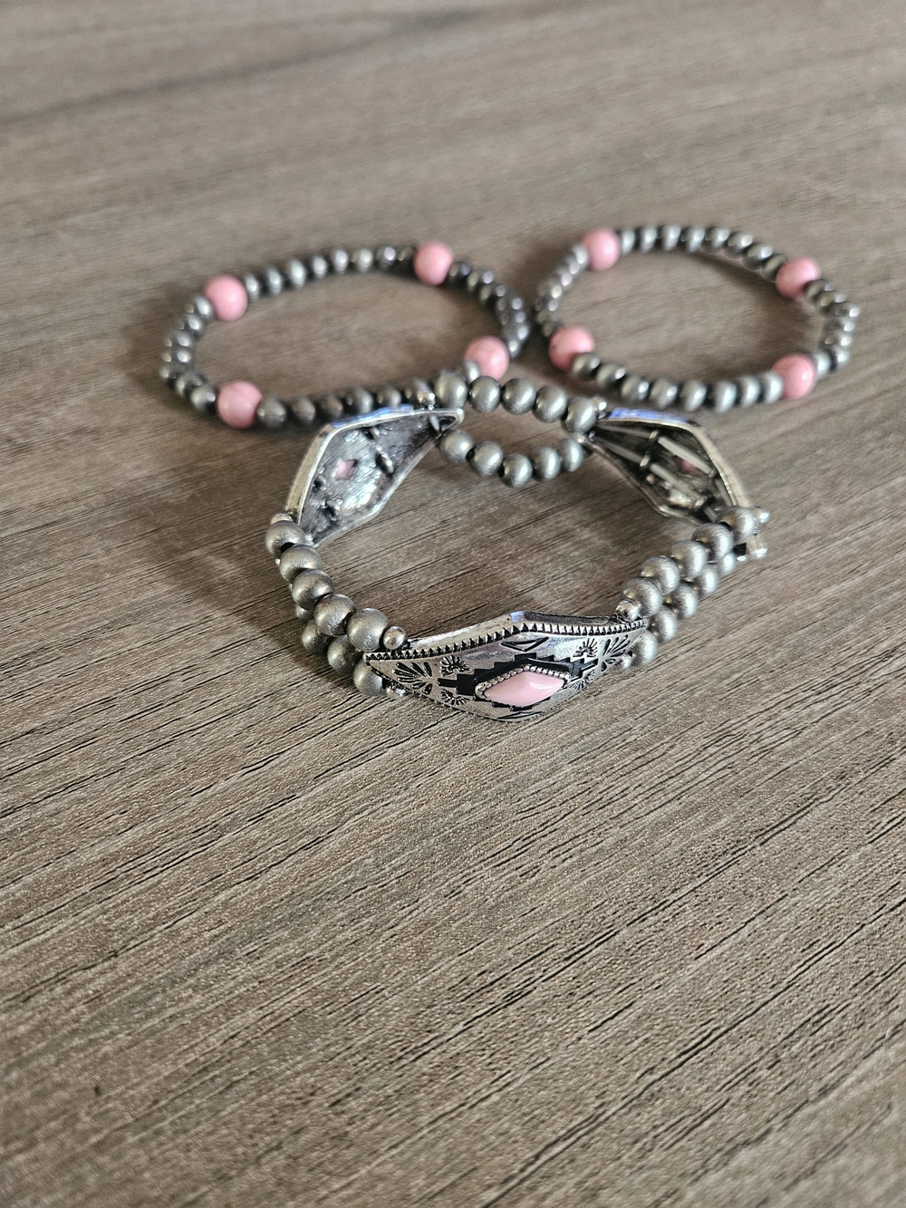 Western Silver-Tone Pink Bead Triple Stretch Bracelet Set-NWOT
